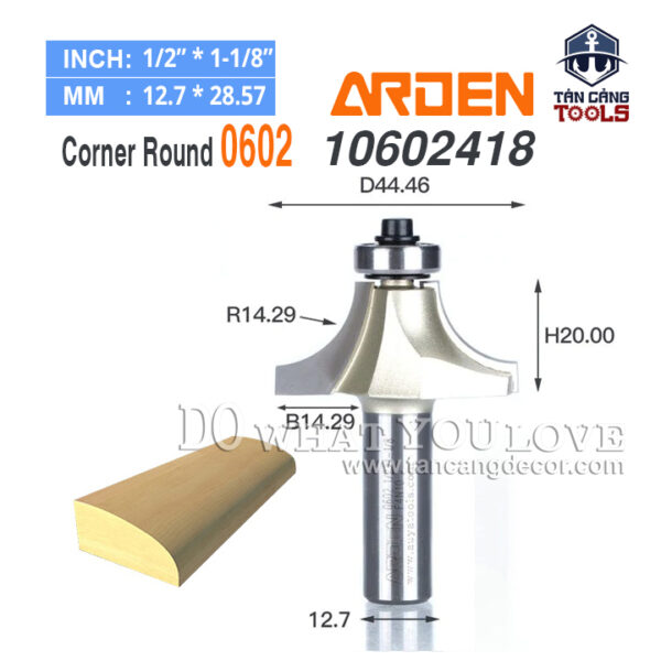 Mũi Router Arden Bo Góc R14.29 Cốt 12.7 mm Arden 0602 Corner Round Bit