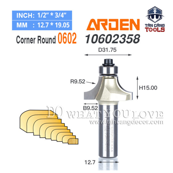 Mũi Router Arden Bo Góc R9.52 Cốt 12.7 mm Arden 0602 Corner Round Bit