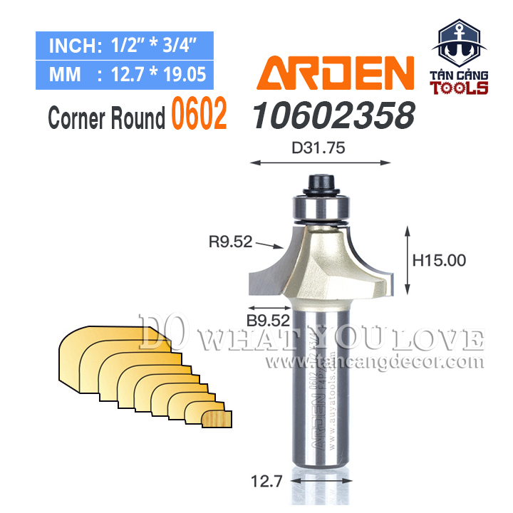 Mũi Router Arden Bo Góc R9.52 Cốt 12.7 mm Arden 0602 Corner Round Bit