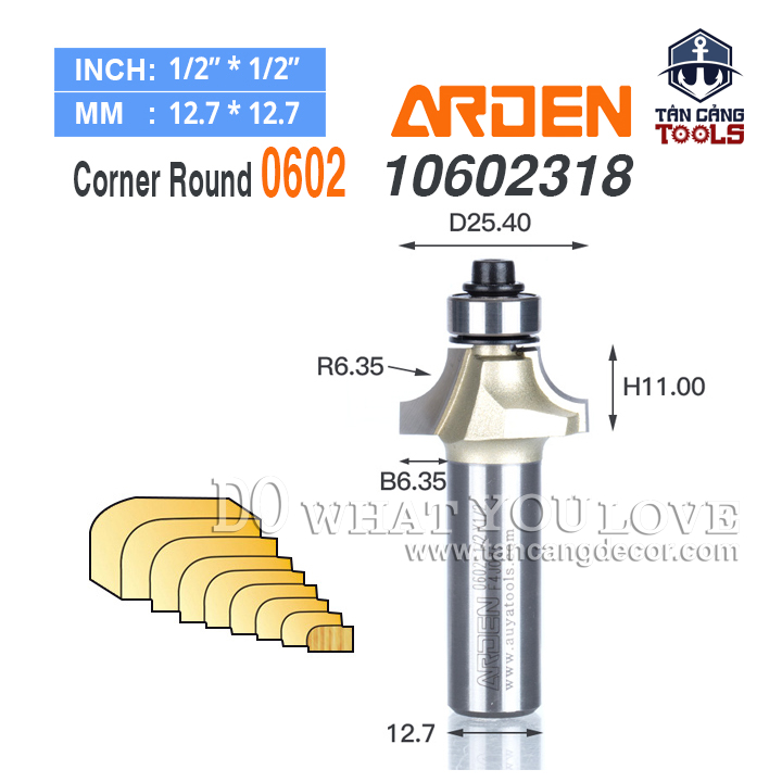 Mũi Router Arden Bo Góc R6.35 Cốt 12.7 mm Arden 0602 Corner Round Bit