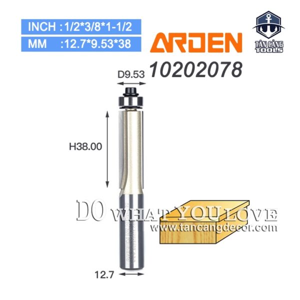 Mũi Router Arden Phay Thẳng bi dưới 9.53 x 38 mm Cốt 12.7 mm Arden 0202