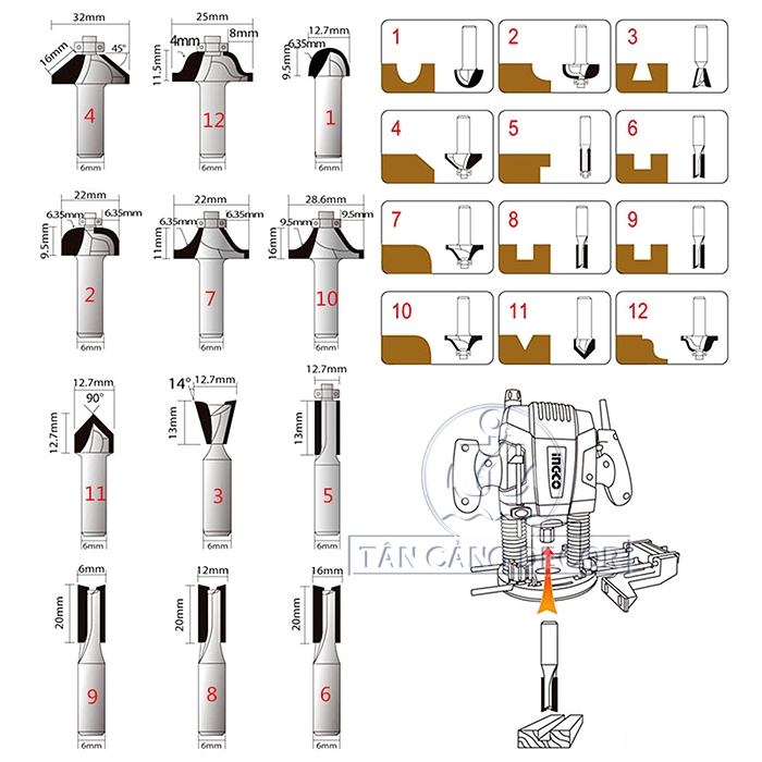 Bộ Mũi Phay 12 Món Cốt 12.7 mm - Ảnh 2