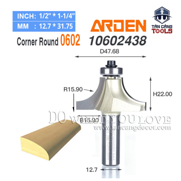 Mũi Router Arden Bo Góc R15.9 Cốt 12.7 mm Arden 0602 Corner Round Bit