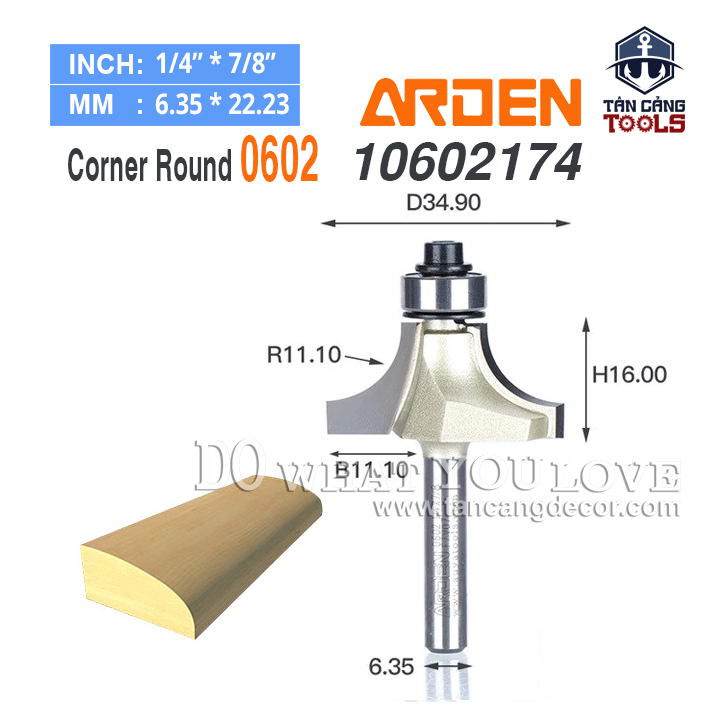 Mũi Router Arden Bo Góc R11.1 Cốt 6.35 mm Arden 0602 Corner Round Bit