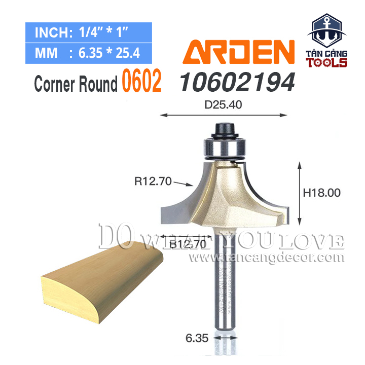 Mũi Router Arden Bo Góc R12.7 Cốt 6.35 mm Arden 0602 Corner Round Bit