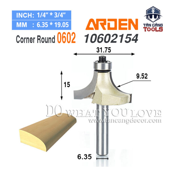 Mũi Router Arden Bo Góc R9.52 Cốt 6.35 mm Arden 0602 Corner Round Bit
