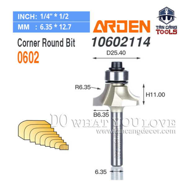 Mũi Router Arden Bo Góc R6.35 Cốt 6.35 mm Arden 0602 Corner Round Bit