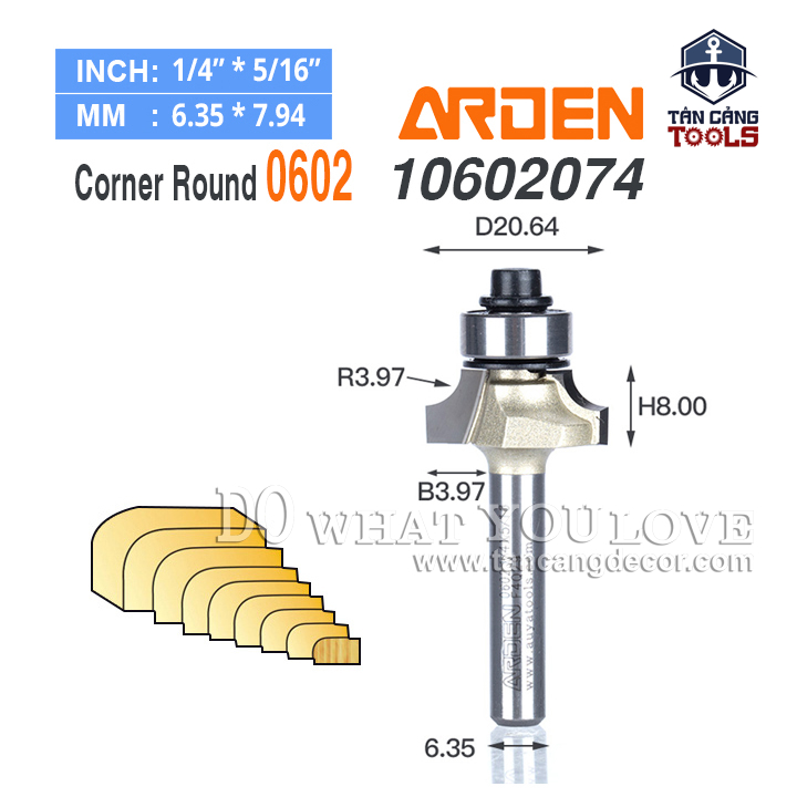 Mũi Router Arden Bo Góc R3.96 Cốt 6.35 mm Arden 0602 Corner Round Bit