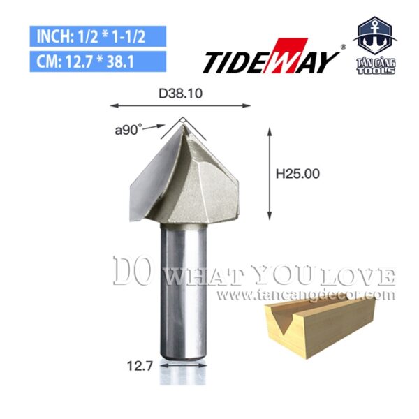 Mũi Router TideWay Đánh Rãnh V 90 Độ 38.1 mm Cốt 12.7 mm