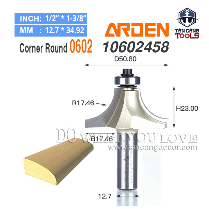 Mũi Router Arden Bo Góc R17.5 Cốt 12.7 mm Arden 0602 Corner Round Bit