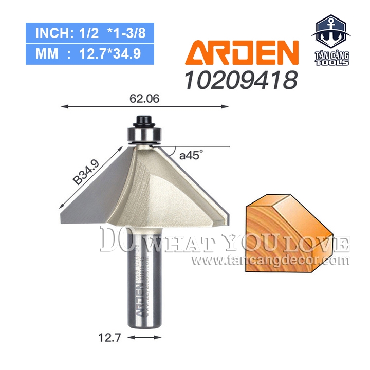 Mũi Router Arden Vát 45 Độ 34.9 mm Cốt 12.7 mm Arden 0209