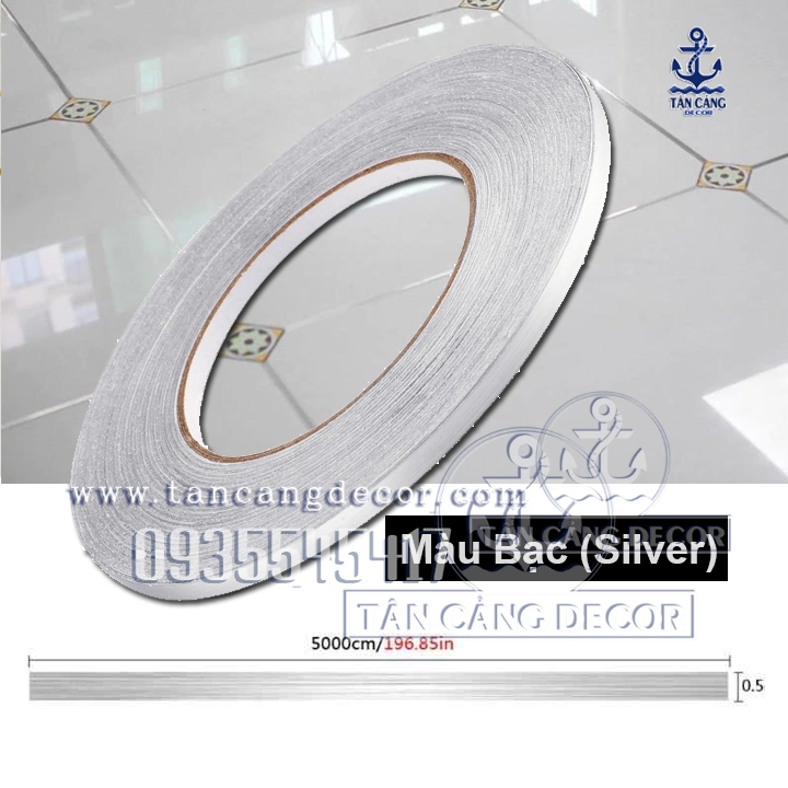 Chỉ Dán Viền Gạch Tường Trang Trí Bản 0.5 Cm Màu Bạc