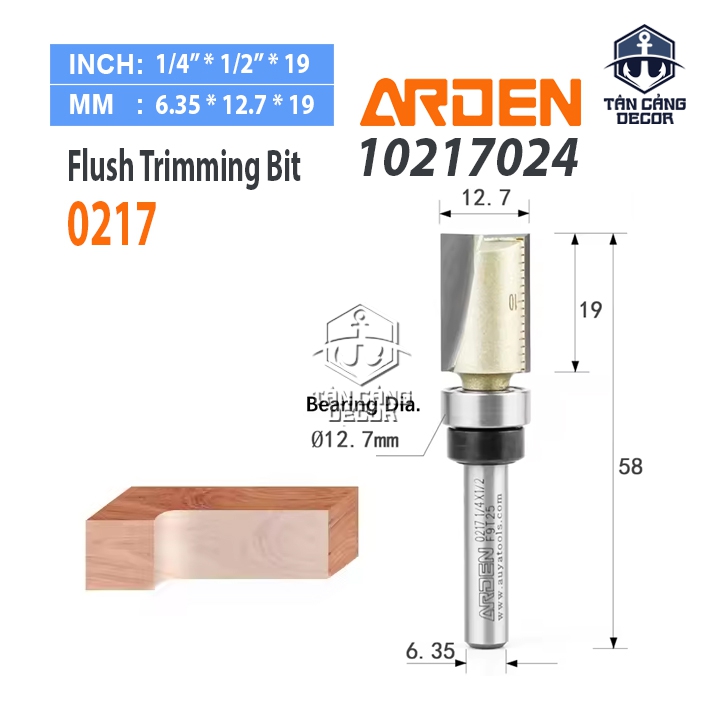Mũi Router Arden Phay Thẳng bi trên 12.7 x 19 mm Cốt 6.35 mm Arden 0217