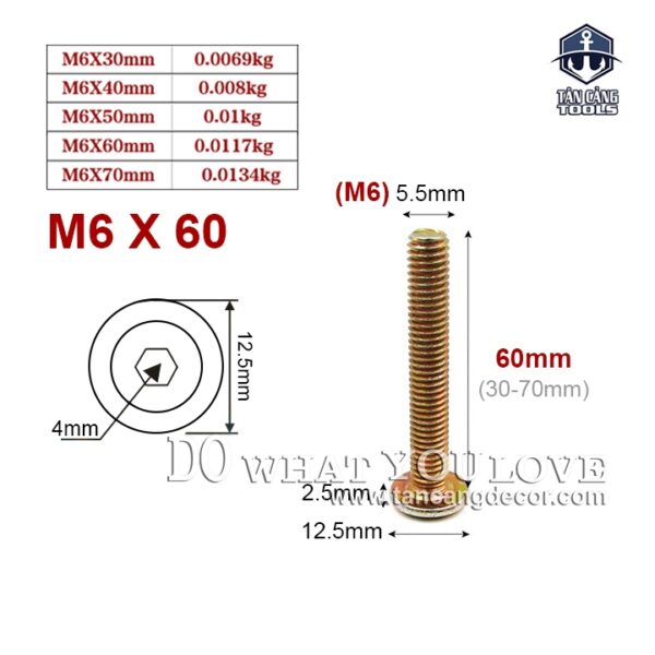 Bulong Lục Giác Chìm M6 x 60 mm - 25 Con