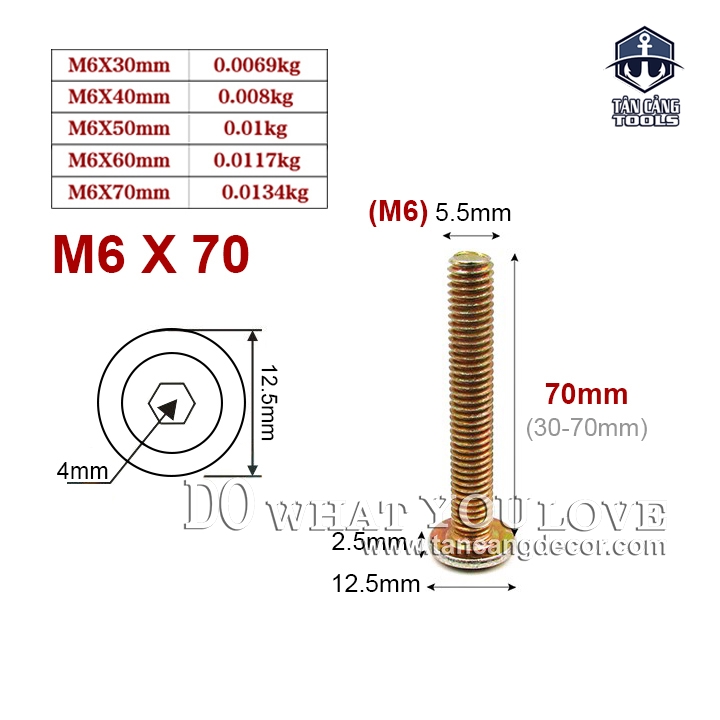 Bulong Lục Giác Chìm M6 x 70 mm - 25 Con