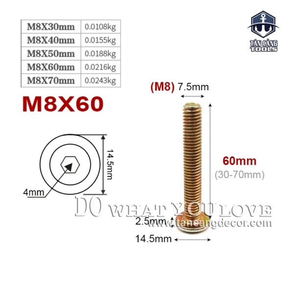 Bulong Lục Giác Chìm M8 x 60 mm - 25 Con