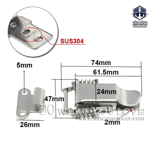 Alternative view of Khóa Gài Inox 304 Loại Trơn Dạng Lò Xo Size M – KT :7.4 cm