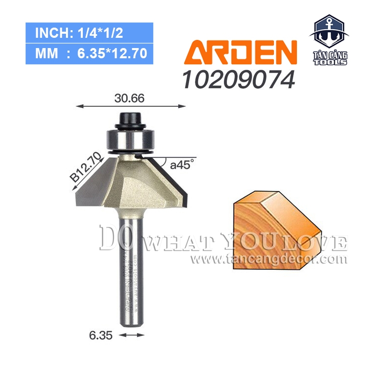Mũi Router Arden Vát 45 Độ 12.7 mm Cốt 6.35 mm Arden 0209