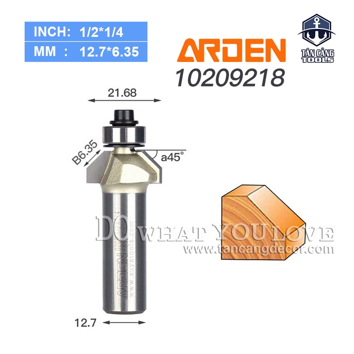 Mũi Router Arden Vát 45 Độ 6.35 mm Cốt 12.7 mm Arden 0209
