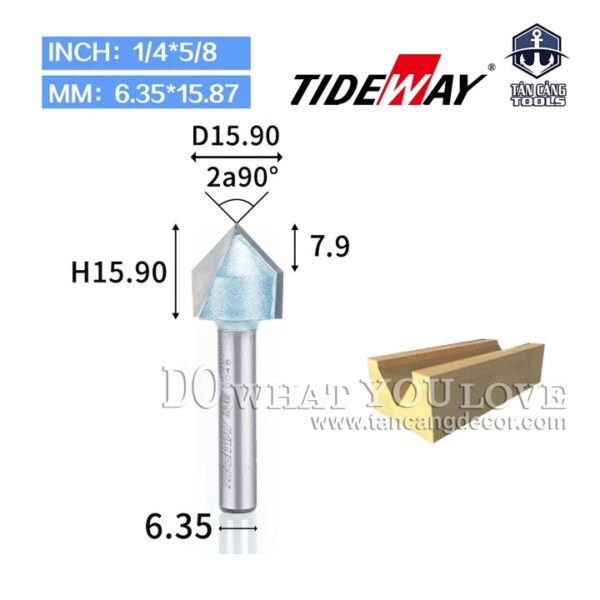 Mũi Router TideWay Đánh Rãnh V 90 Độ 15.9 mm Cốt 6.35 mm