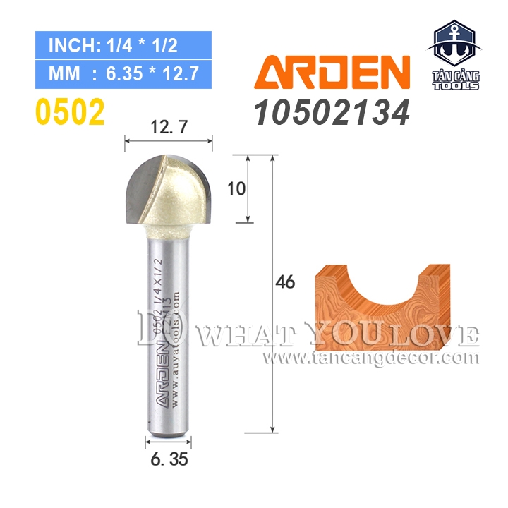 Mũi Router Arden Đánh Rãnh Tròn Góc 12.7 mm Cốt 6.35 mm Arden 0502