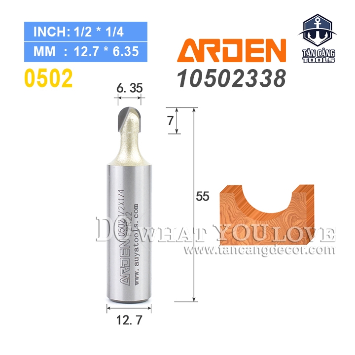 Mũi Router Arden Đánh Rãnh Tròn Góc 6.35 mm Cốt 12.7 mm Arden 0502