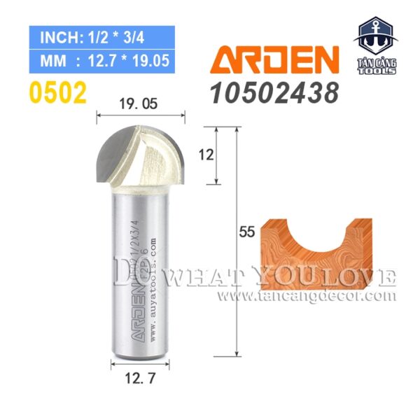Mũi Router Arden Đánh Rãnh Tròn Góc 19.05 mm Cốt 12.7 mm Arden 0502