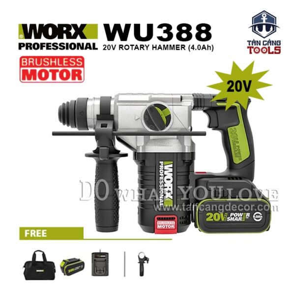 Combo Máy Khoan Bê Tông Dùng Pin Worx 20V WU388 ( Thân Máy, 2 Pin 4.0Ah, 1 Sạc )