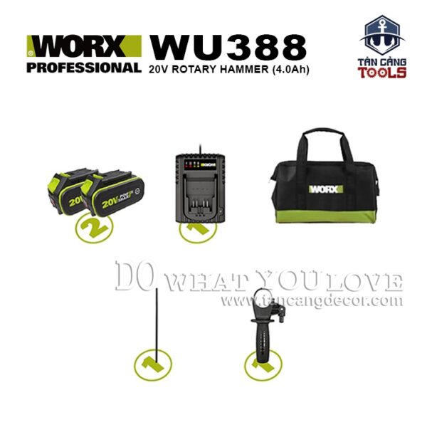 Alternative view of Combo Máy Khoan Bê Tông Dùng Pin Worx 20V WU388 ( Thân Máy, 2 Pin 4.0Ah, 1 Sạc )