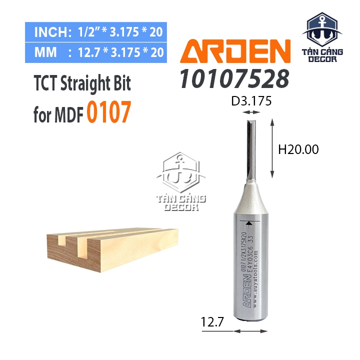 Mũi Router Arden CNC Móc Rãnh 3.175 x 20 mm Cốt 12.7 mm Arden 0107