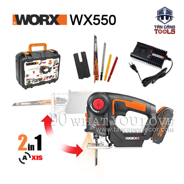 Combo Máy Cưa Lọng, Cưa Kiếm Pin Đa Năng Worx WX550 ( Thân Máy, 1 Pin 2.0Ah, 1 Sạc )