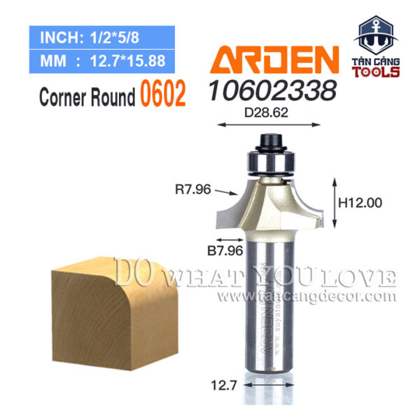 Mũi Router Arden Bo Góc R7.96 Cốt 12.7 mm Arden 0602 Corner Round Bit