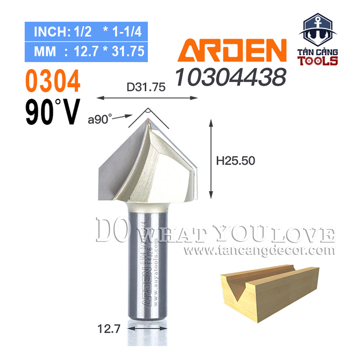 Mũi Router Arden Đánh Rãnh V 90 Độ 31.75 mm Cốt 12.7 mm Arden 0304