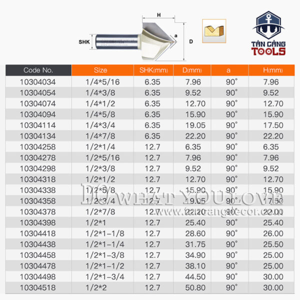 Alternative view of Mũi Router Arden Đánh Rãnh V 90 Độ 12.7 mm Cốt 6.35 mm Arden 0304