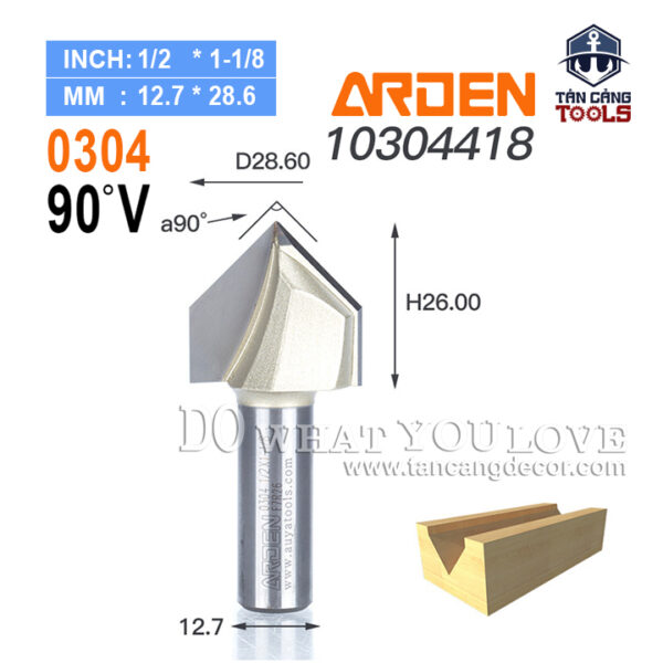 Mũi Router Arden Đánh Rãnh V 90 Độ 28.6 mm Cốt 12.7 mm Arden 0304