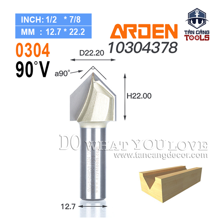 Mũi Router Arden Đánh Rãnh V 90 Độ 22.2 mm Cốt 12.7 mm Arden 0304