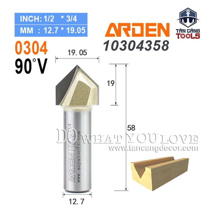 Mũi Router Arden Đánh Rãnh V 90 Độ 19.05 mm Cốt 12.7 mm Arden 0304
