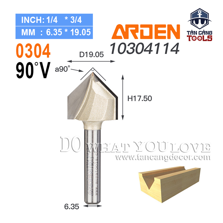 Mũi Router Arden Đánh Rãnh V 90 Độ 19.05 mm Cốt 6.35 mm Arden 0304