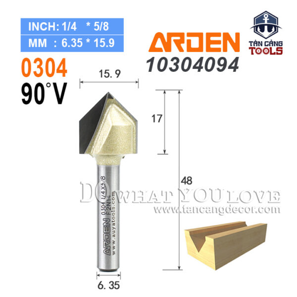Mũi Router Arden Đánh Rãnh V 90 Độ 15.9 mm Cốt 6.35 mm Arden 0304