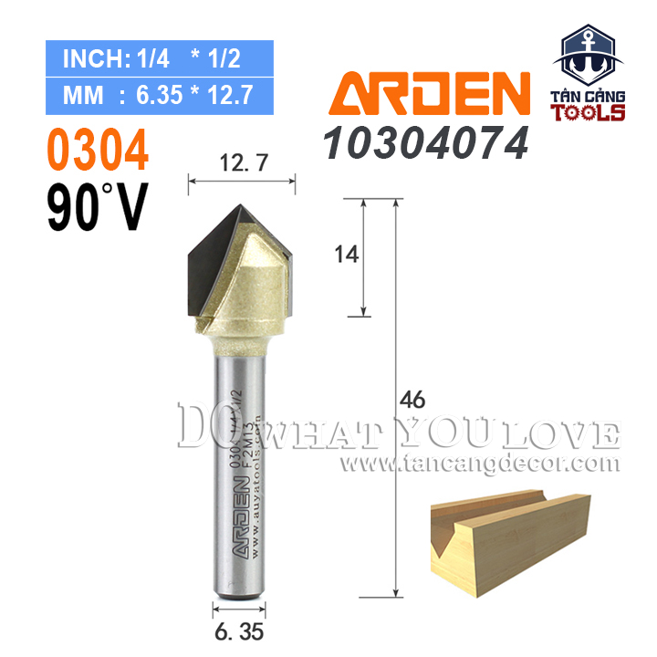 Mũi Router Arden Đánh Rãnh V 90 Độ 12.7 mm Cốt 6.35 mm Arden 0304