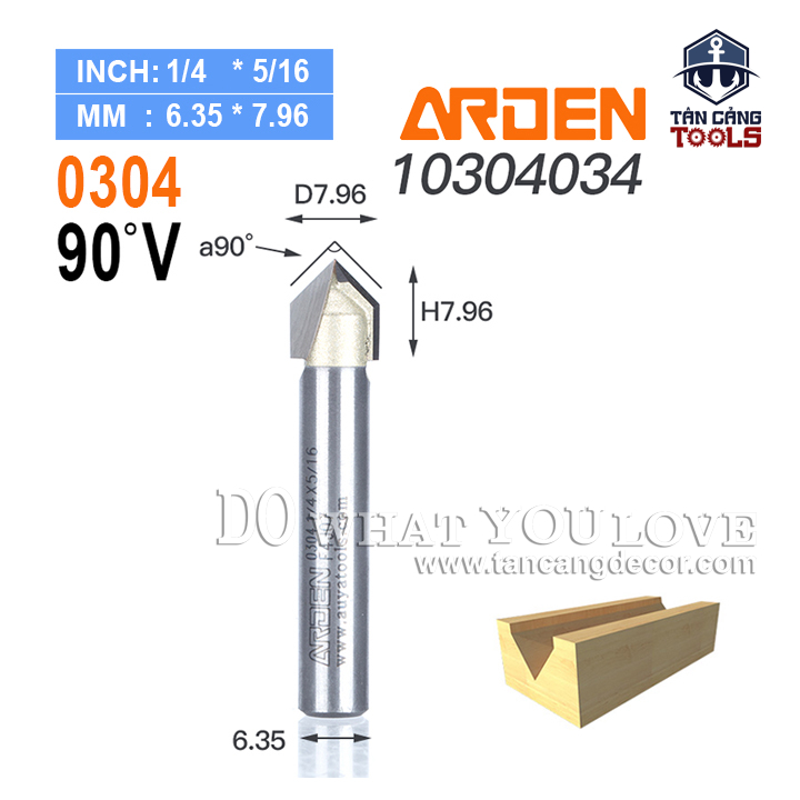 Mũi Router Arden Đánh Rãnh V 90 Độ 7.96 mm Cốt 6.35 mm Arden 0304