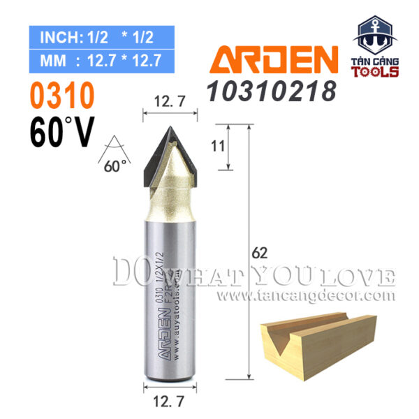 Mũi Router Arden Đánh Rãnh V 60 Độ 12.7 mm Cốt 12.7 mm Arden 0310