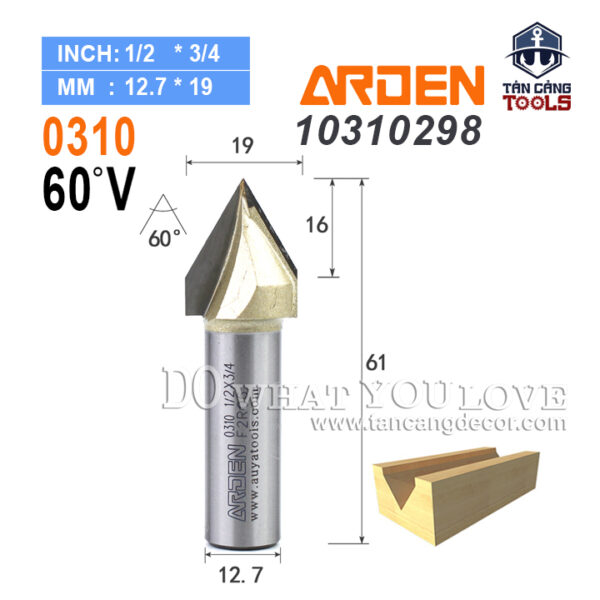 Mũi Router Arden Đánh Rãnh V 60 Độ 19 mm Cốt 12.7 mm Arden 0310