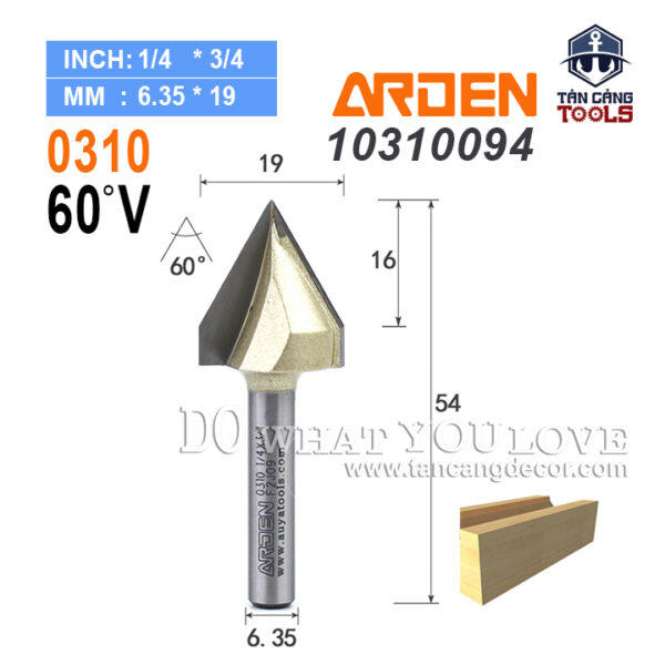 Mũi Router Arden Đánh Rãnh V 60 Độ 19 mm Cốt 6.35 mm Arden 0310