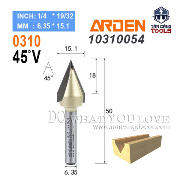 Mũi Router Arden Đánh Rãnh V 45 Độ 15.1 mm Cốt 6.35 mm Arden 0310