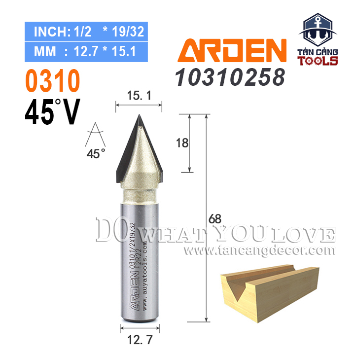 Mũi Router Arden Đánh Rãnh V 45 Độ 15.1 mm Cốt 12.7 mm Arden 0310