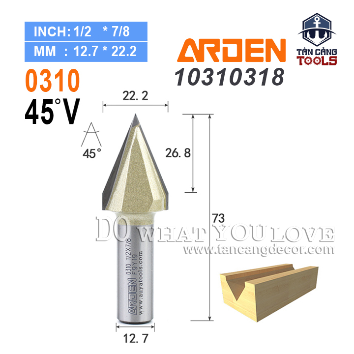 Mũi Router Arden Đánh Rãnh V 45 Độ 22.2 mm Cốt 12.7 mm Arden 0310
