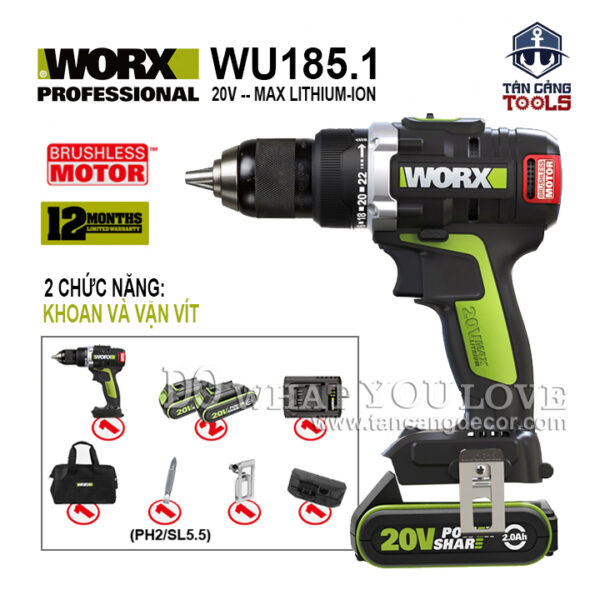Combo Máy Khoan Vặn Vít Dùng Pin 20V Worx WU185.1  ( Thân Máy, 2 Pin 2.0Ah, 1 Sạc, 1 Túi Vải )