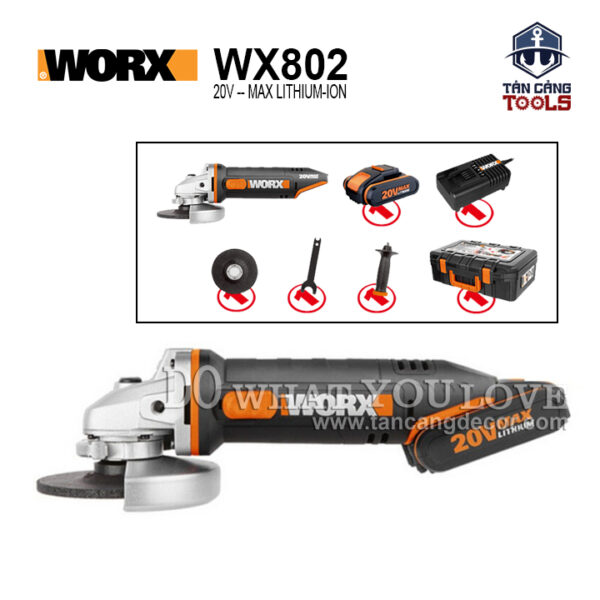 Combo Máy Mài Góc 100 mm Dùng Pin 20V Worx WX802 ( Thân Máy, 1 Pin 2.0Ah, 1 Sạc )