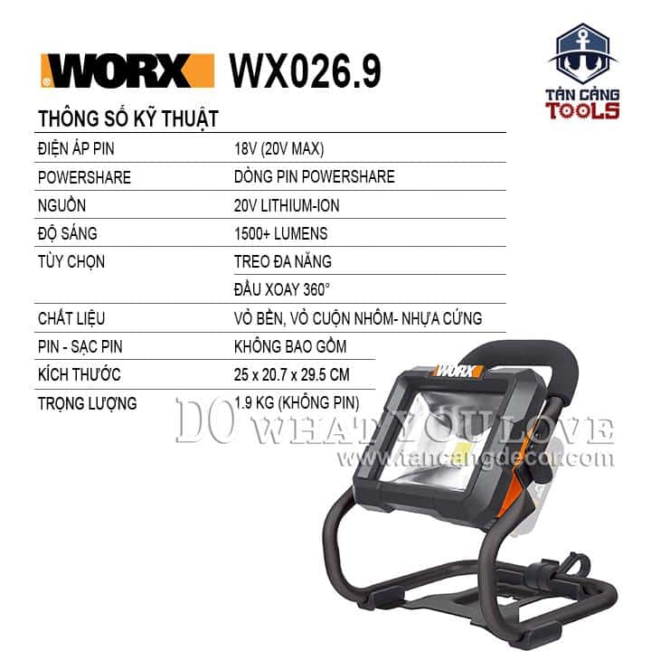 Đèn Led Công Trình Dùng Pin 20 V Worx WX026.9 ( Thân Máy ) - Ảnh 2